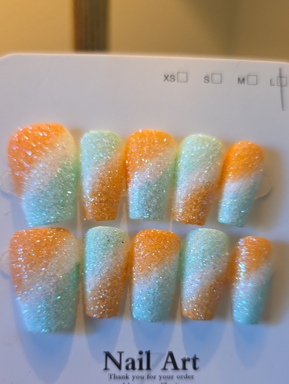 Glitter Ombre Press-On Nails in Orange and Mint - Size Large